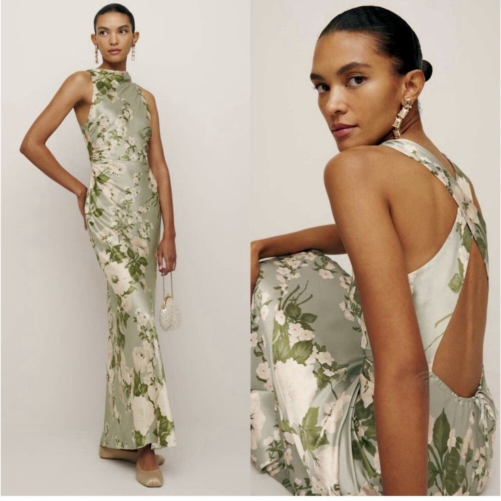 Reformation Anaiis Silk Dress Tarragon Floral Green Open Back High Neck Size 6